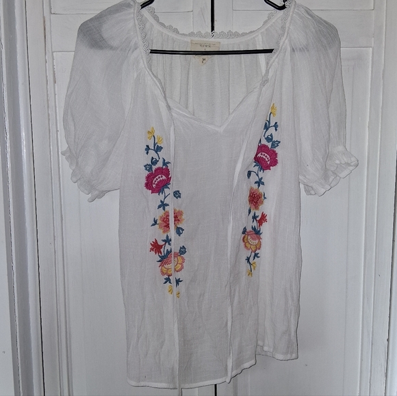 Flower & Feather Tops - Flower & Feather Chic White Blouse with Colorful Floral Design